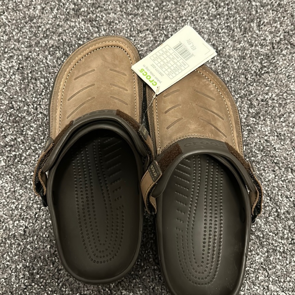 Men’s size 10 women’s 12 brown “dress” crocs.